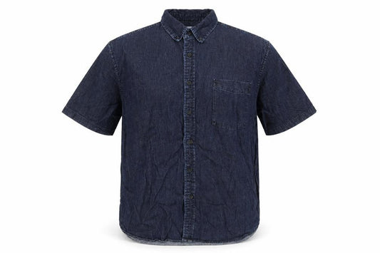 Front view of Hellada men’s blue cotton button-up, size XL, collared button
