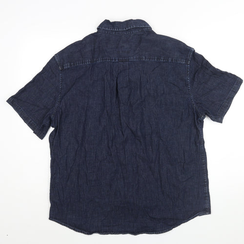 Hellada Mens Blue Cotton Button-Up Size XL Collared Button