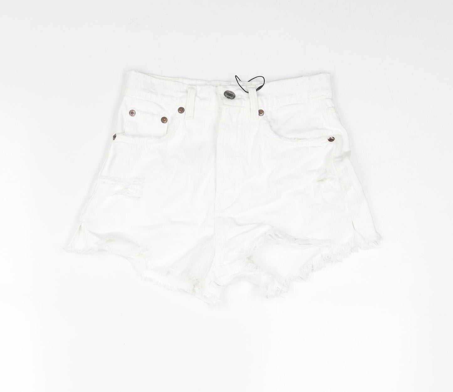 Zara Womens White Cotton Cut-Off Shorts Size 8 Regular Zip - Distressed Denim