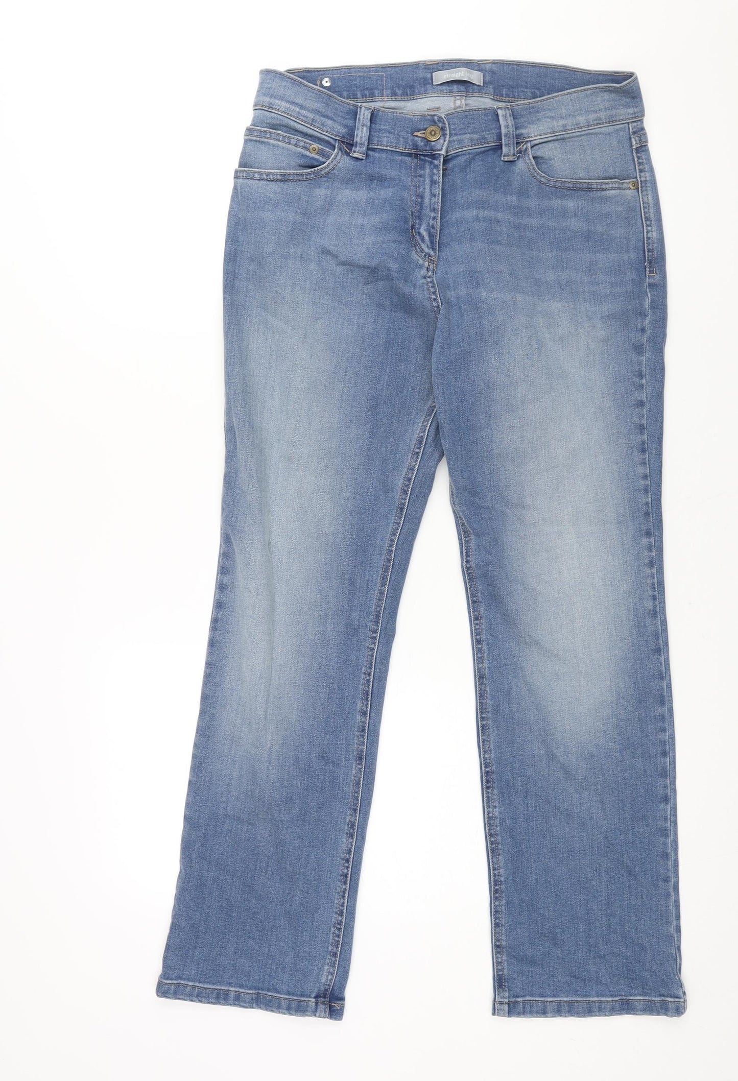 Marks and Spencer Womens Blue Cotton Straight Jeans Size 14 L28 in Regular Zip