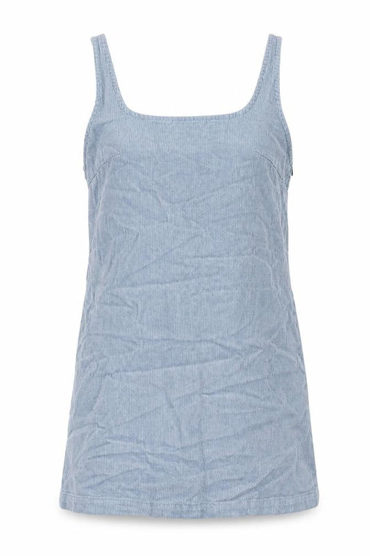 Front view of ASOS women’s blue cotton pinafore/dungaree dress, size UK 8, scoop neck pullover