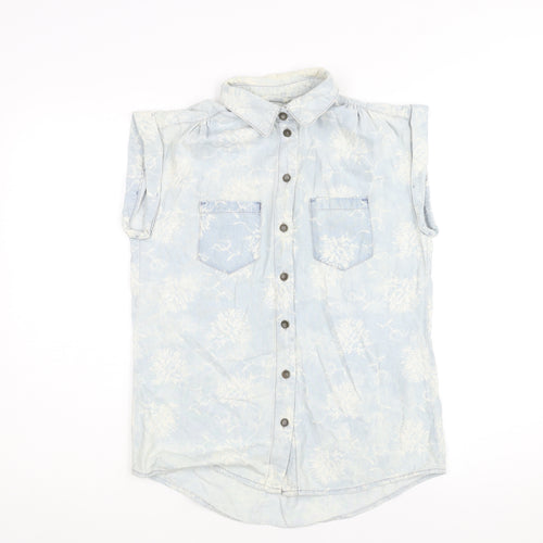 Denim & Co. Womens Blue Geometric Cotton Basic Button-Up Size 8 Collared