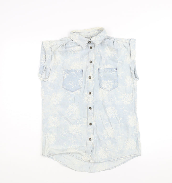 Denim & Co. Womens Blue Geometric Cotton Basic Button-Up Size 8 Collared