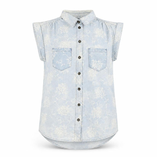 Front view of Denim & Co. women’s blue geometric cotton basic button-up, size UK 8, collared
