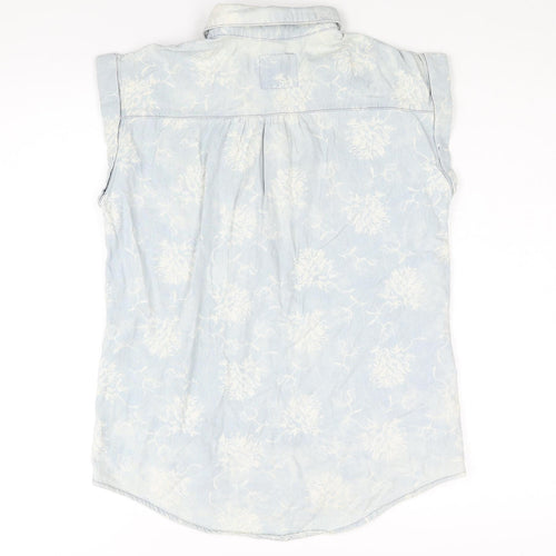 Denim & Co. Womens Blue Geometric Cotton Basic Button-Up Size 8 Collared