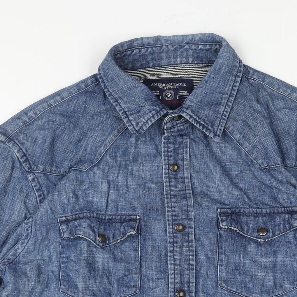 American Eagle Outfitters Mens Blue Cotton Button-Up Size M Collared Snap