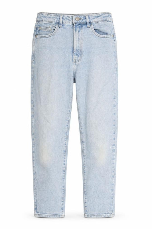 Front view of Stradivarius] women’s blue cotton mom jeans, size UK 12, 26-inch leg regular zip
