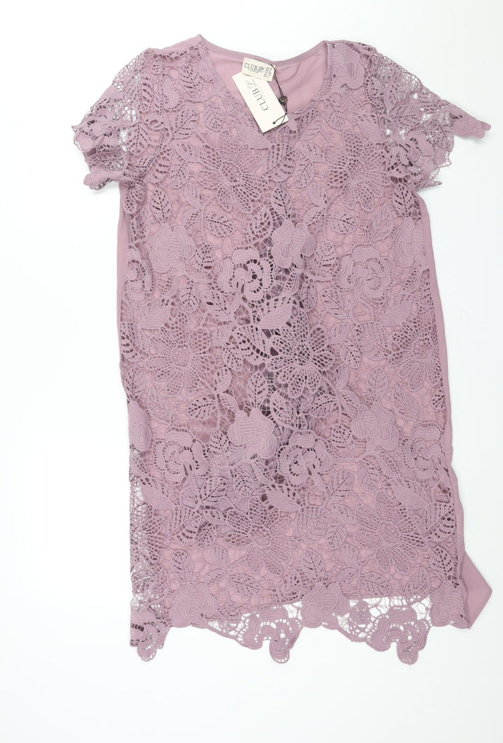 Club London Womens Purple Polyester Shift Size 12 Round Neck Pullover - Lace Front