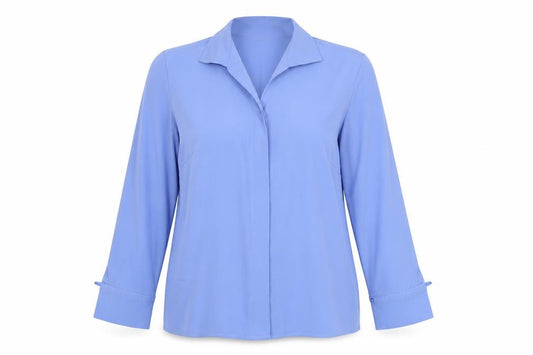 Front view of St Michael women’s blue polyester basic button-up, size UK 10, collared