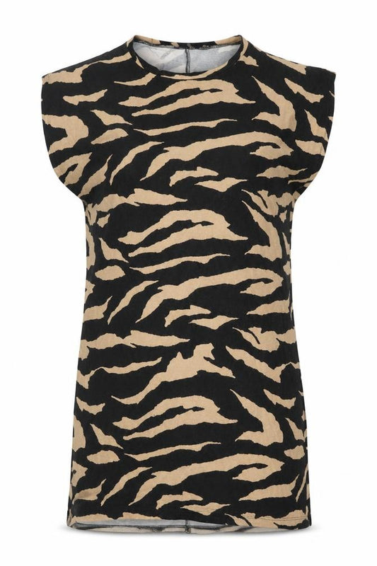Front view of ASOS women’s black animal print cotton t-shirt dress, size UK 6, crew neck pullover - tiger print