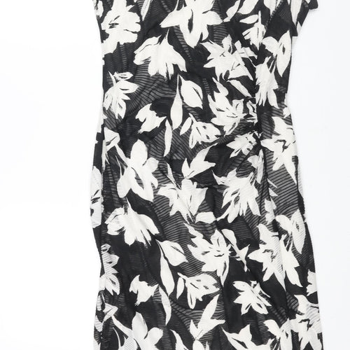 Roman Womens Black Floral Polyester Shift Size 12 V-Neck Pullover - Rouched