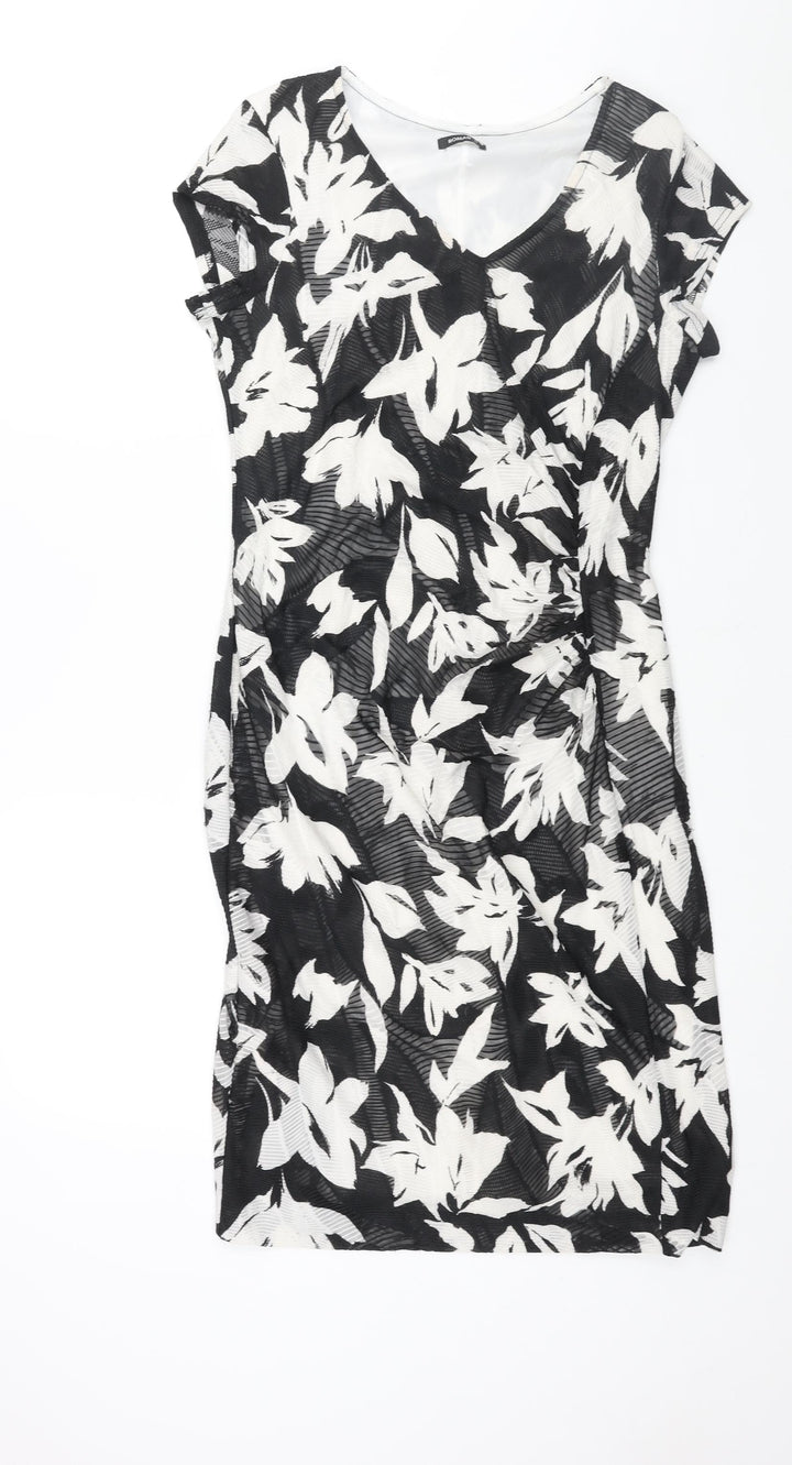 Roman Womens Black Floral Polyester Shift Size 12 V-Neck Pullover - Rouched