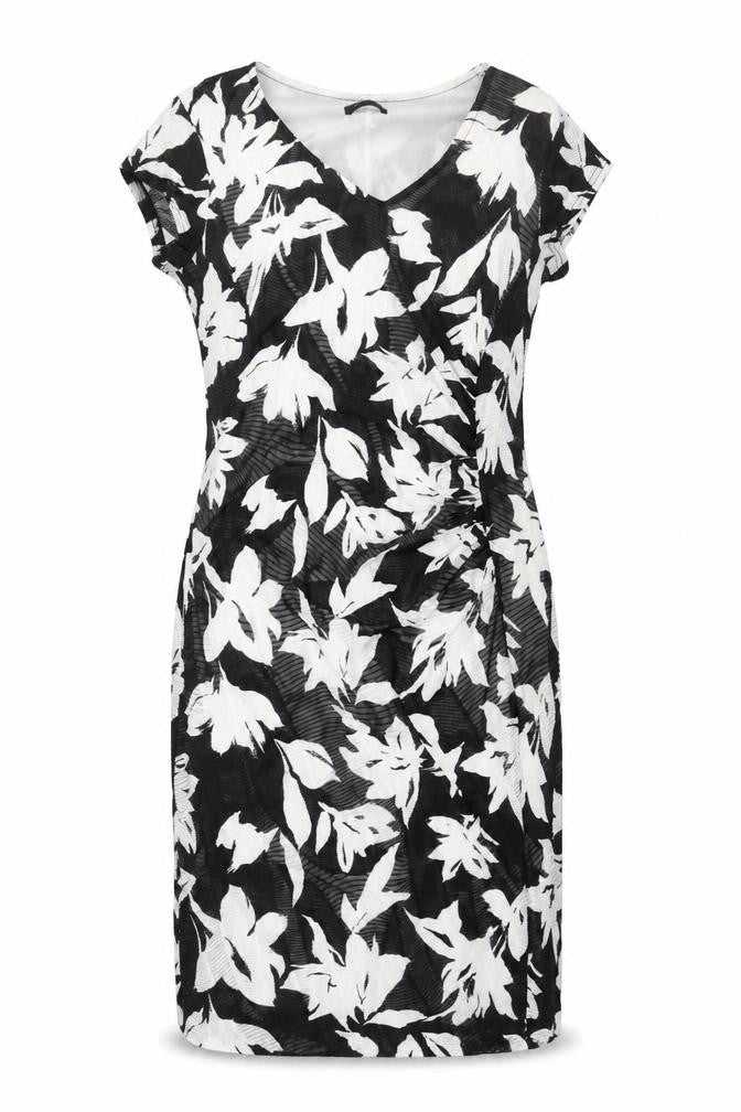 Front view of Roman women’s black floral polyester shift, size UK 12, v-neck pullover - rouched