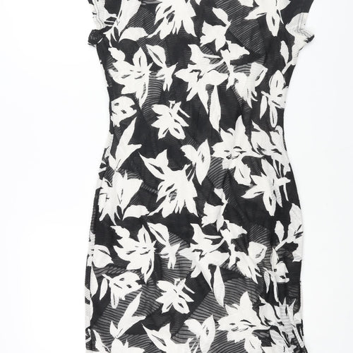 Roman Womens Black Floral Polyester Shift Size 12 V-Neck Pullover - Rouched