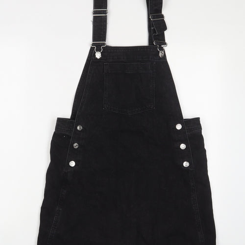 Mango Womens Black Cotton Pinafore/Dungaree Dress Size 8 Square Neck Button