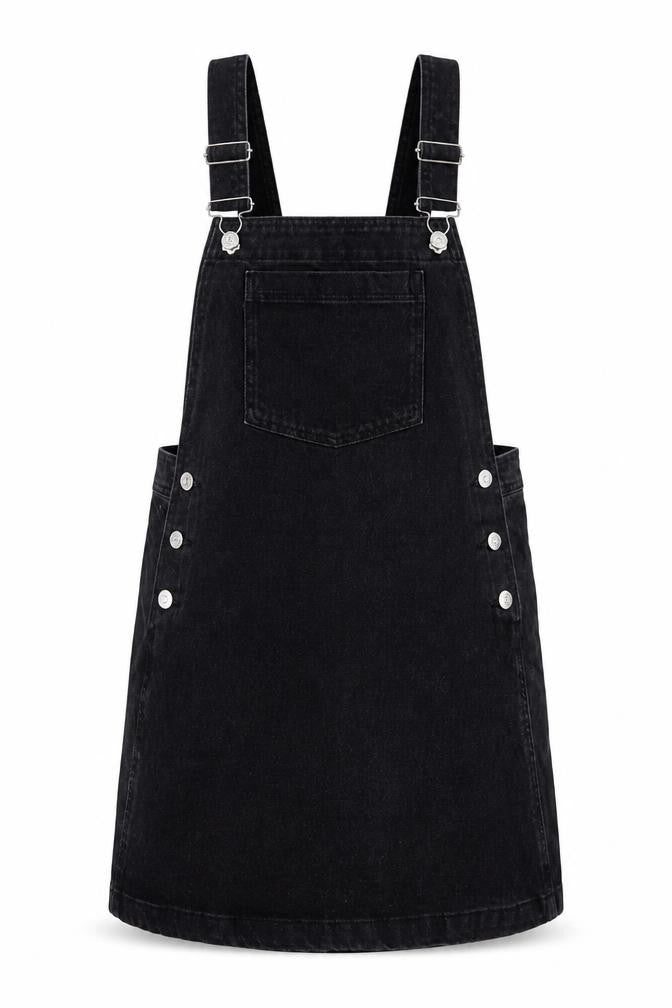 Mango Womens Black Cotton Pinafore/Dungaree Dress Size 8 Square Neck Button