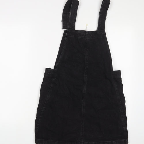 Mango Womens Black Cotton Pinafore/Dungaree Dress Size 8 Square Neck Button