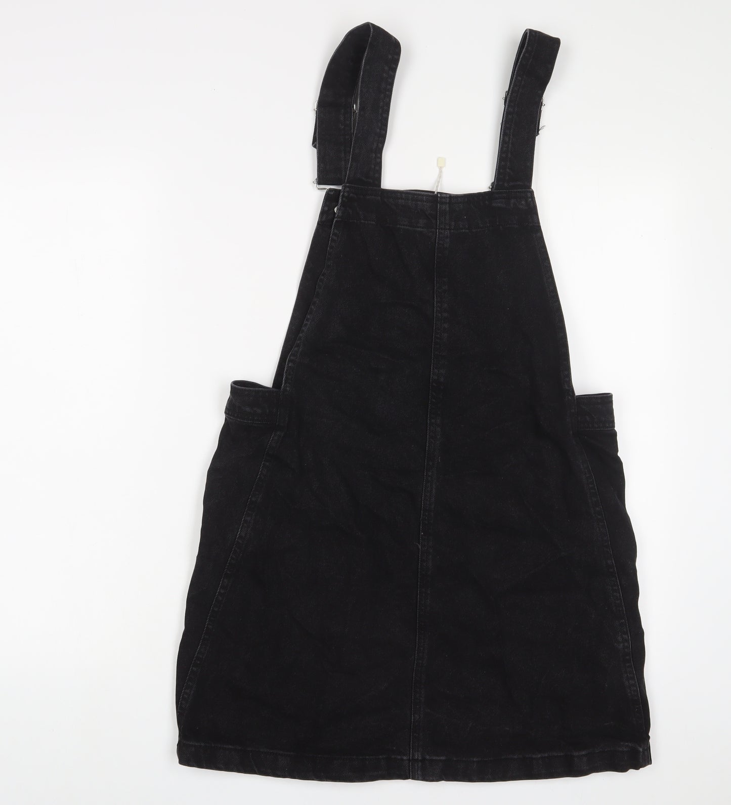 Mango Womens Black Cotton Pinafore/Dungaree Dress Size 8 Square Neck Button