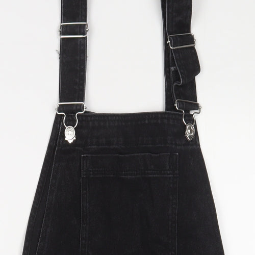 Mango Womens Black Cotton Pinafore/Dungaree Dress Size 8 Square Neck Button