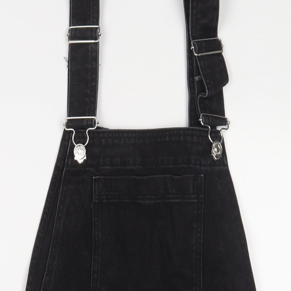 Mango Womens Black Cotton Pinafore/Dungaree Dress Size 8 Square Neck Button