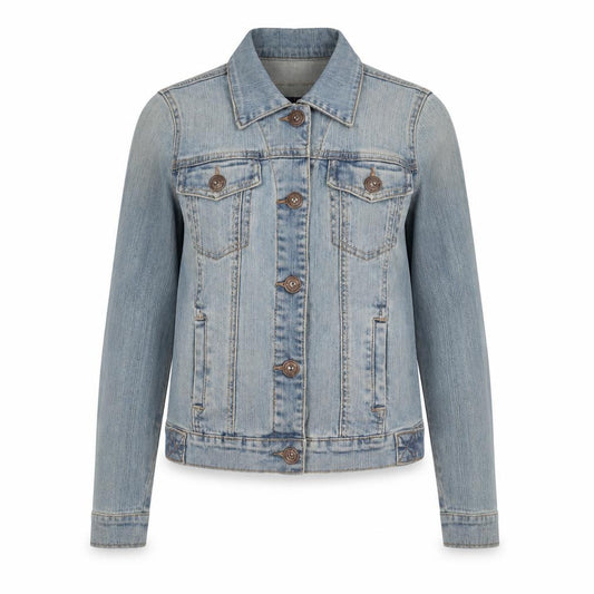 Front view of House Of Denim women’s blue jacket, size UK 8, button