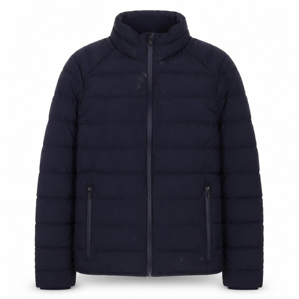 Front view of Zara men’s blue quilted jacket, size S, zip - zip pockets