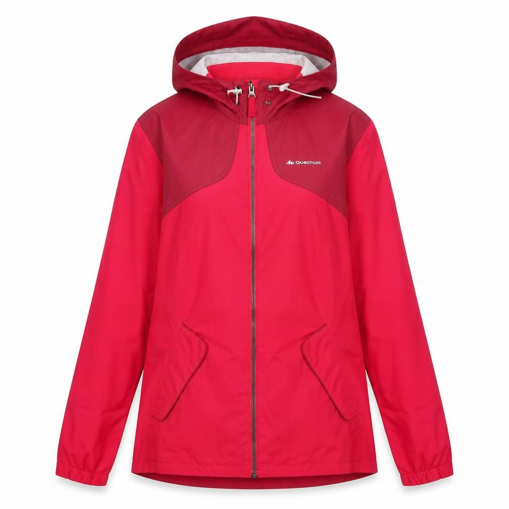 Front view of Decathlon women’s pink rain coat coat, size S, zip - zip pockets