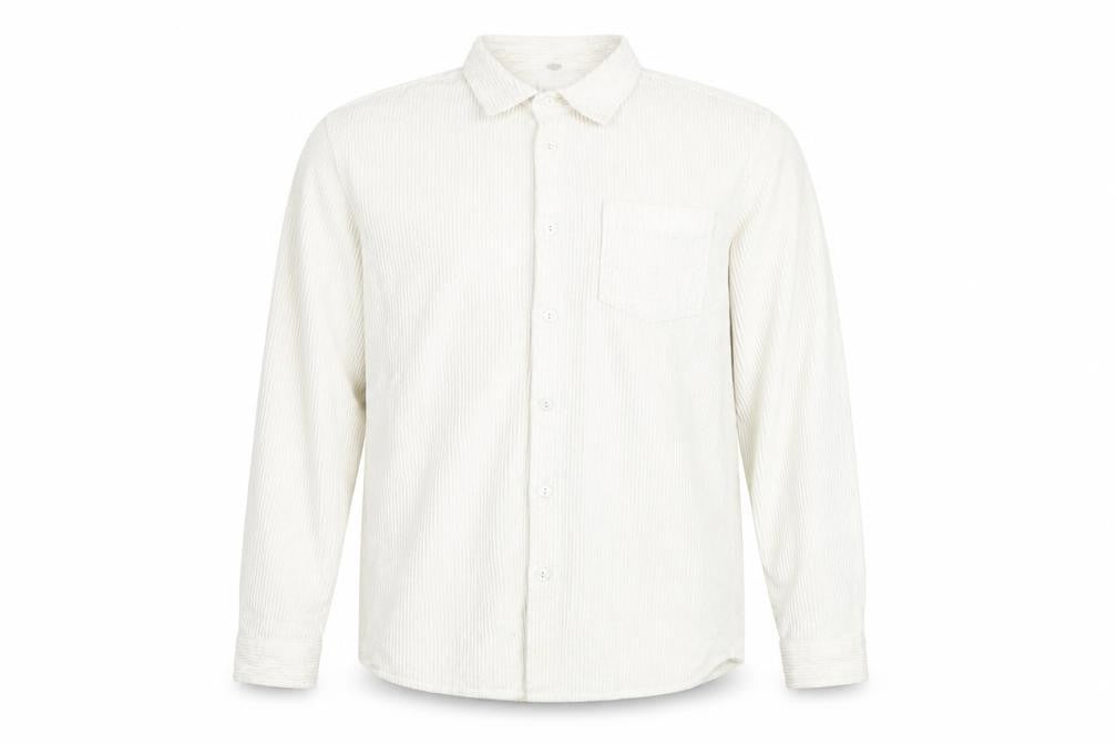 Front view of River Island men’s white cotton button-up, size M, collared button