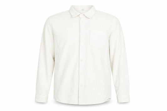 Front view of River Island men’s white cotton button-up, size M, collared button