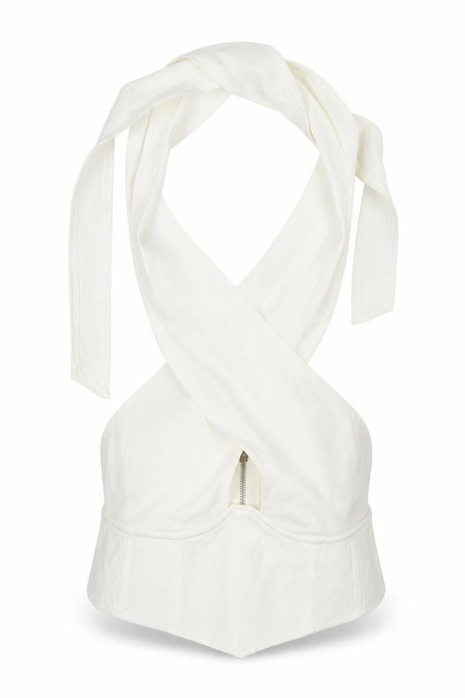 Front view of Missguided women’s white polyester wrap tank, size UK 10, halter - cropped