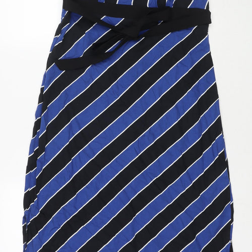 Dorothy Perkins Womens Blue Striped Polyester Maxi Size 12 Round Neck Zip - Side Slit(s)