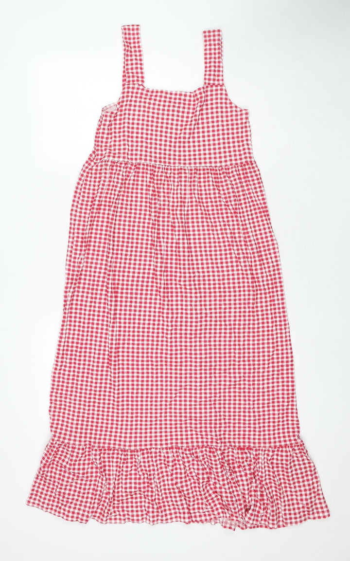 Boohoo Womens Red Check Viscose Maxi Size 8 Square Neck Pullover