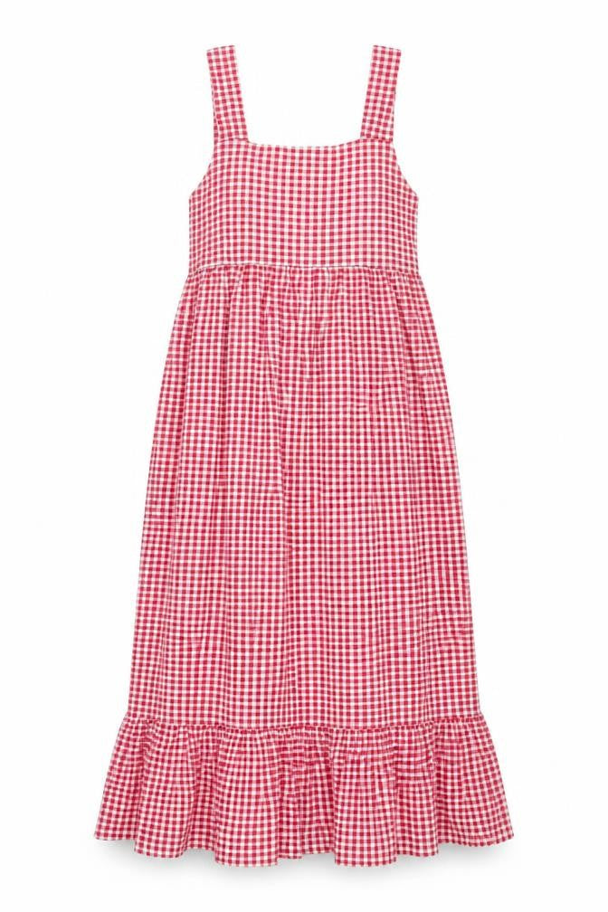 Front view of Boohoo women’s red check viscose maxi, size UK 8, square neck pullover