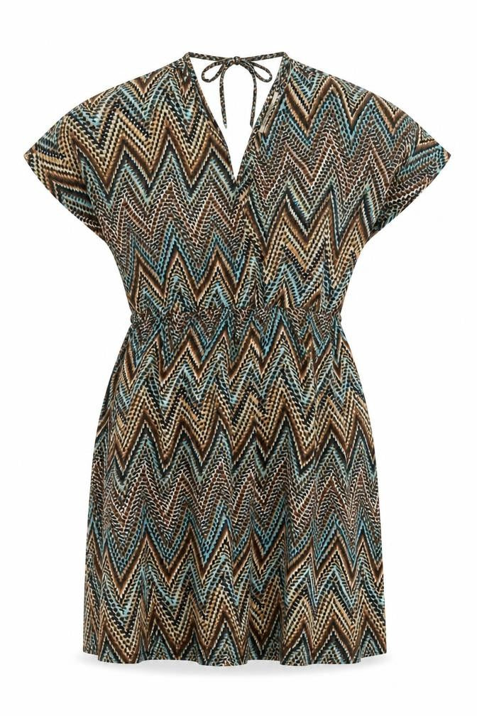 Front view of Brave Soul women’s multicoloured geometric polyester a-line, size M, v-neck pullover
