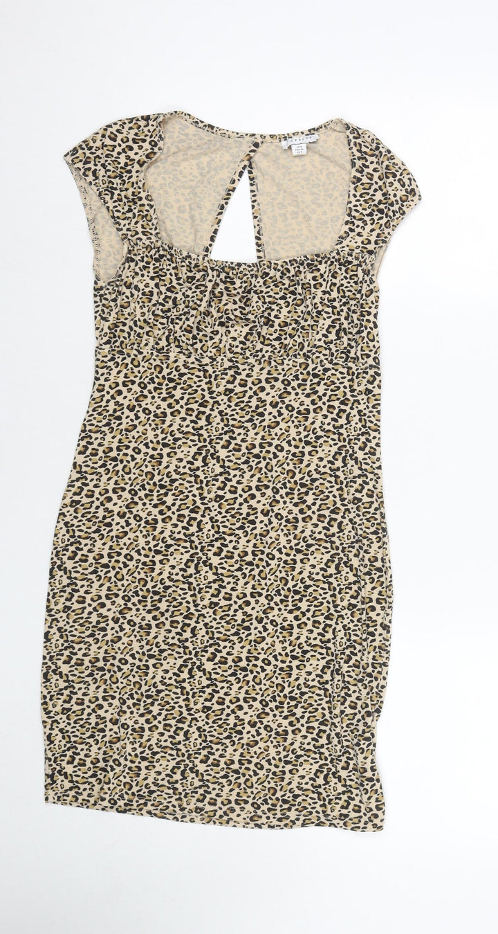 Topshop Womens Brown Animal Print Viscose Mini Size 8 Square Neck Pullover