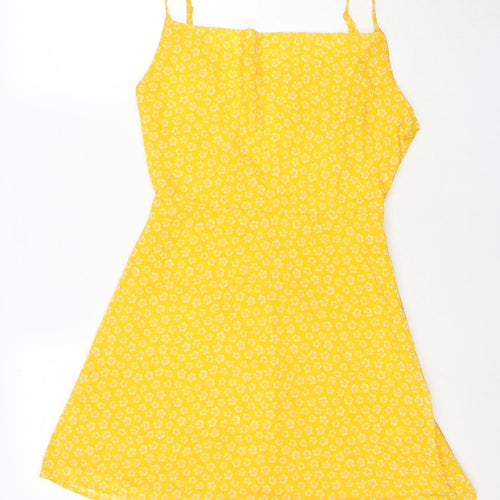 Divided by H&M Womens Yellow Floral Polyester Fit & Flare Size 12 Cowl Neck Zip