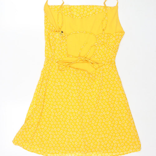 Divided by H&M Womens Yellow Floral Polyester Fit & Flare Size 12 Cowl Neck Zip