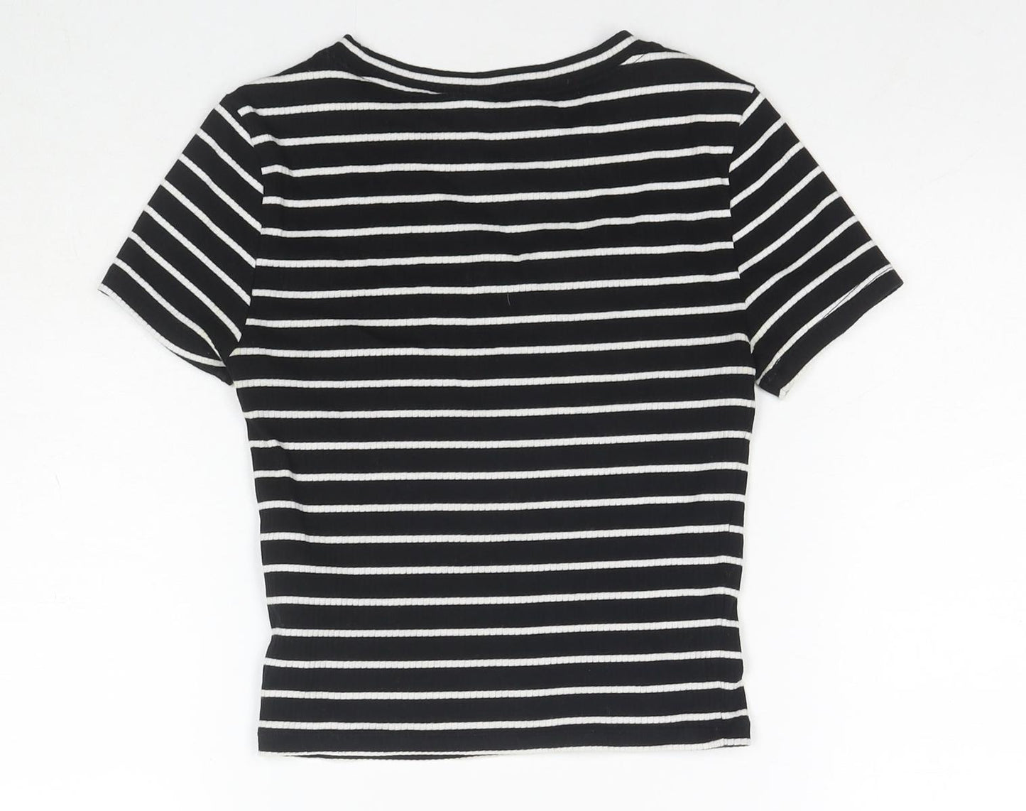 Divided by H&M Womens Black Striped Cotton Cropped T-Shirt Size XS Round Neck