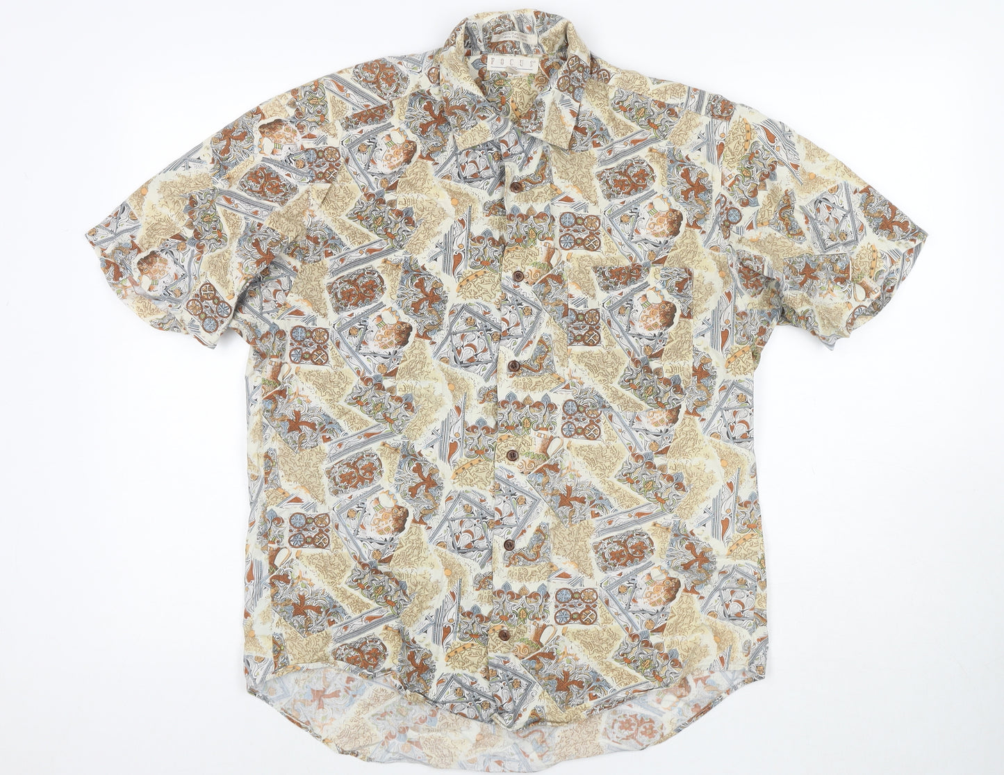Focus 2000 Womens Beige Geometric Cotton Basic Button-Up Size M Collared