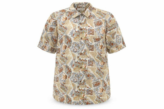 Front view of Focus 2000 women’s beige geometric cotton basic button-up, size M, collared