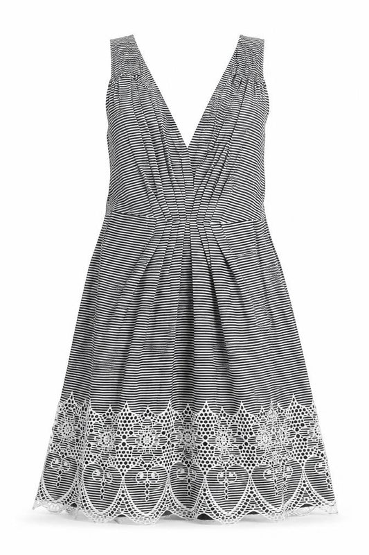 Front view of Kookai women’s black striped cotton tank dress, size UK 10, v-neck zip