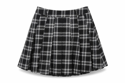 Front view of Shufeng women’s black check polyester pleated skirt, size M, zip