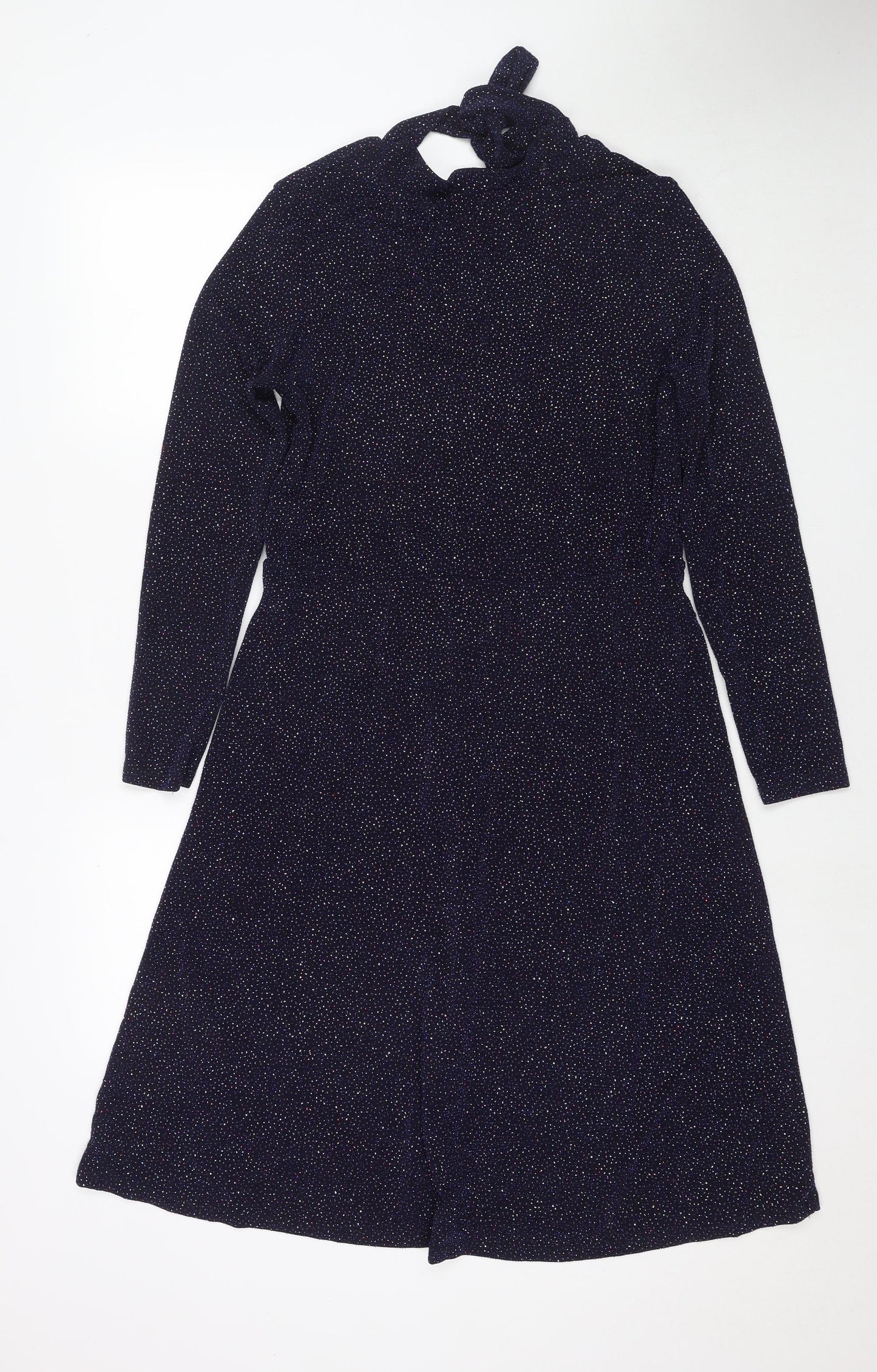 Warehouse Womens Blue Nylon Fit & Flare Size 14 Mock Neck Tie - Glitter Detail