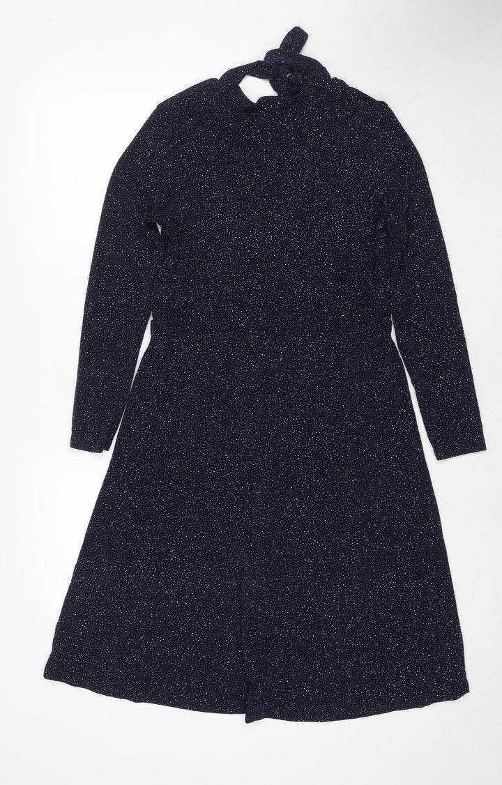 Warehouse Womens Blue Nylon Fit & Flare Size 14 Mock Neck Tie - Glitter Detail
