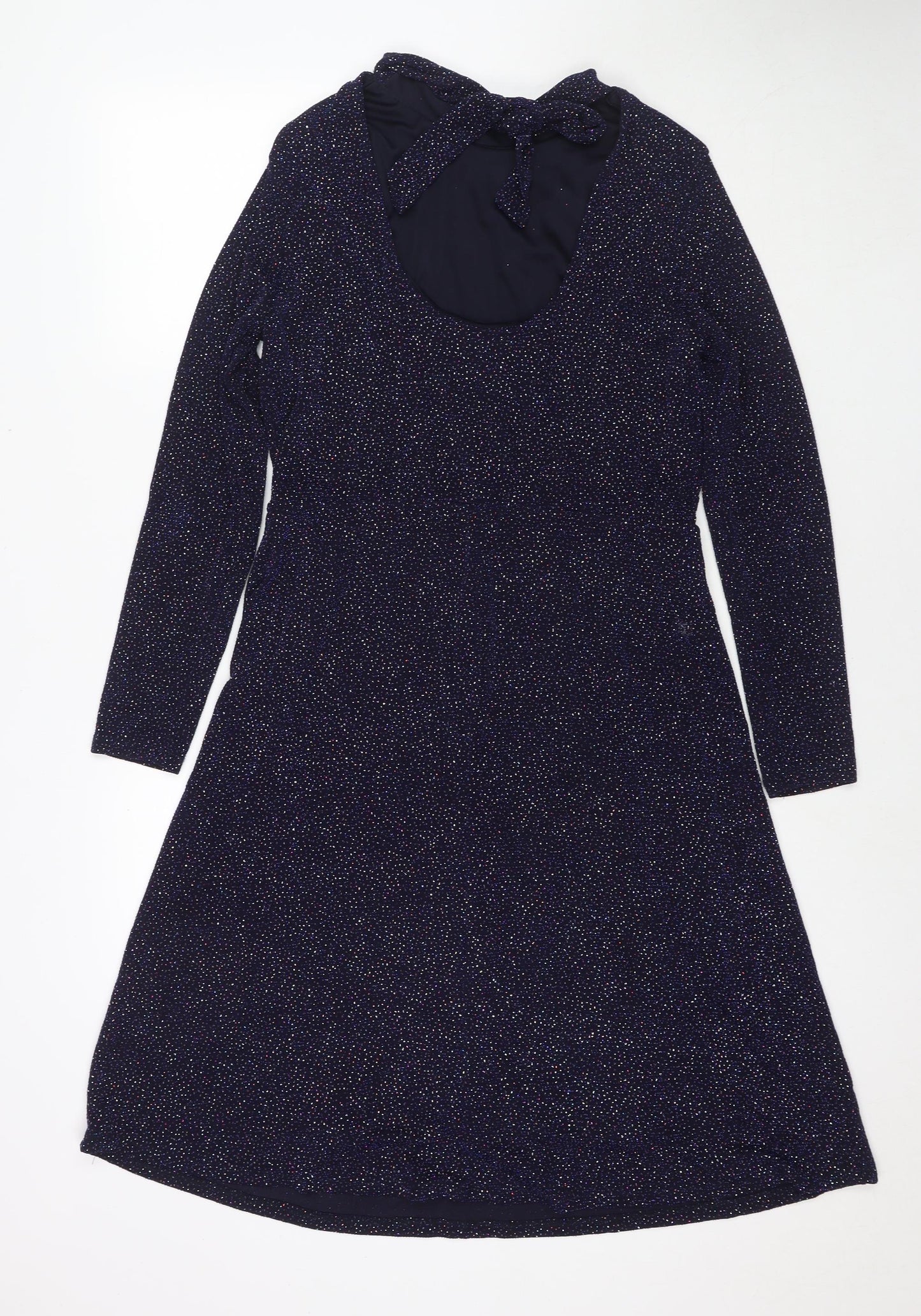 Warehouse Womens Blue Nylon Fit & Flare Size 14 Mock Neck Tie - Glitter Detail
