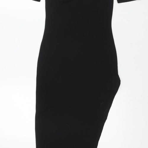 PRETTYLITTLETHING Womens Black Polyester Bodycon Size 8 Off the Shoulder Pullover - Side Slit(s)