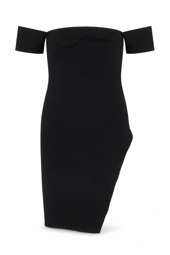 Front view of PRETTYLITTLETHING women’s black polyester bodycon, size UK 8, off the shoulder pullover - side slit(s)