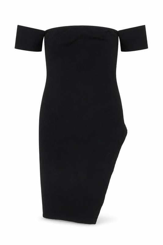 Front view of PRETTYLITTLETHING women’s black polyester bodycon, size UK 8, off the shoulder pullover - side slit(s)