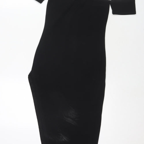 PRETTYLITTLETHING Womens Black Polyester Bodycon Size 8 Off the Shoulder Pullover - Side Slit(s)