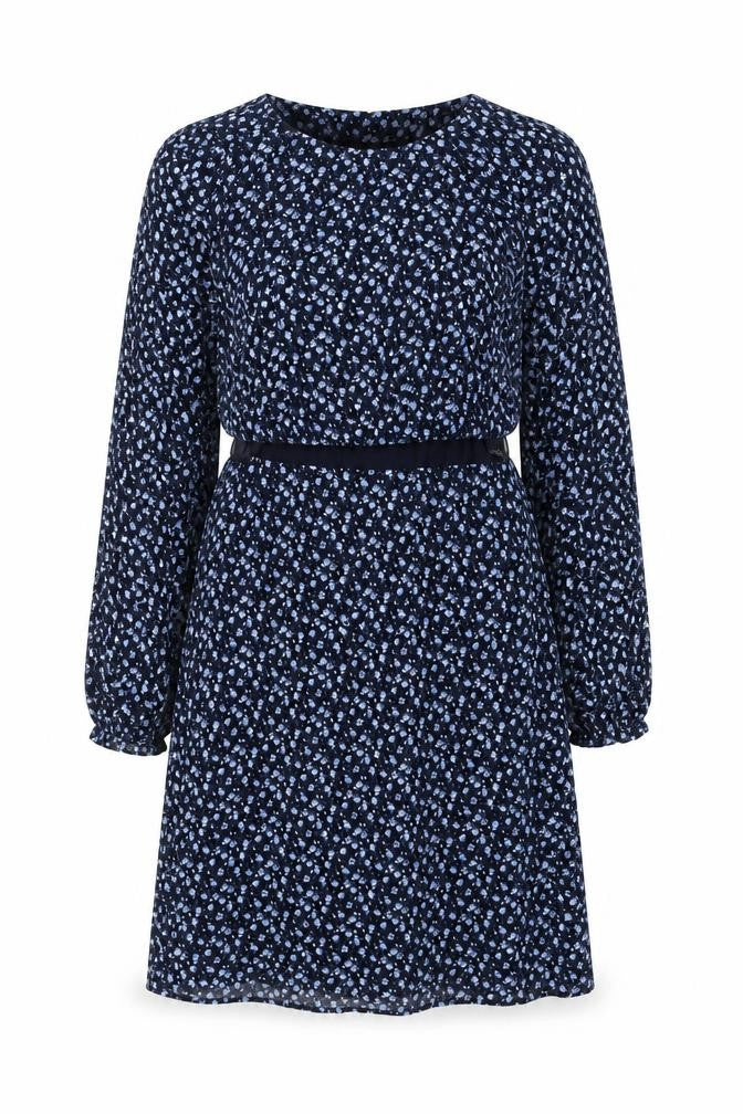Front view of H&M women’s blue floral viscose fit & flare, size M, round neck pullover